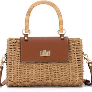 Women's Rattan Straw Crossbody Bag with Wood Handle Summer Beach Purse